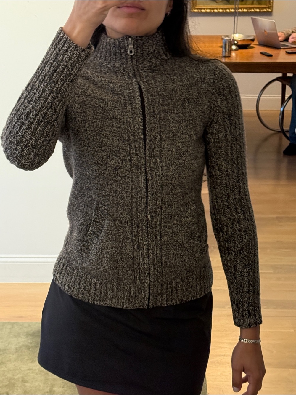 Vintage Women’s Brown and Black Full-Zip Knit Sweater